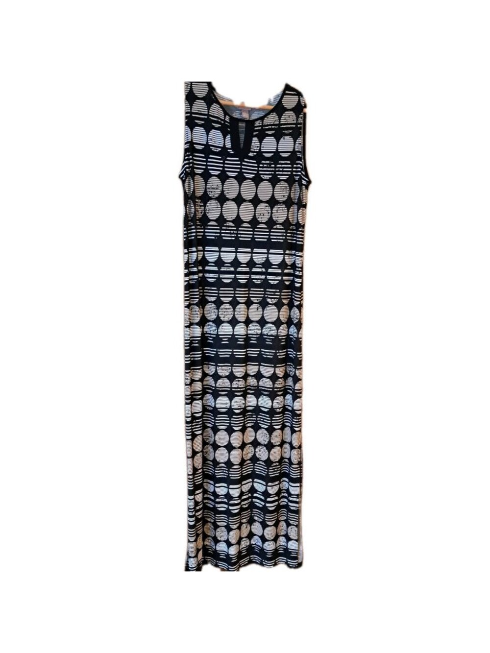 Chicos Black & White Sleeveless Maxi Dress With Striped Circle Pattern Size 1 Po